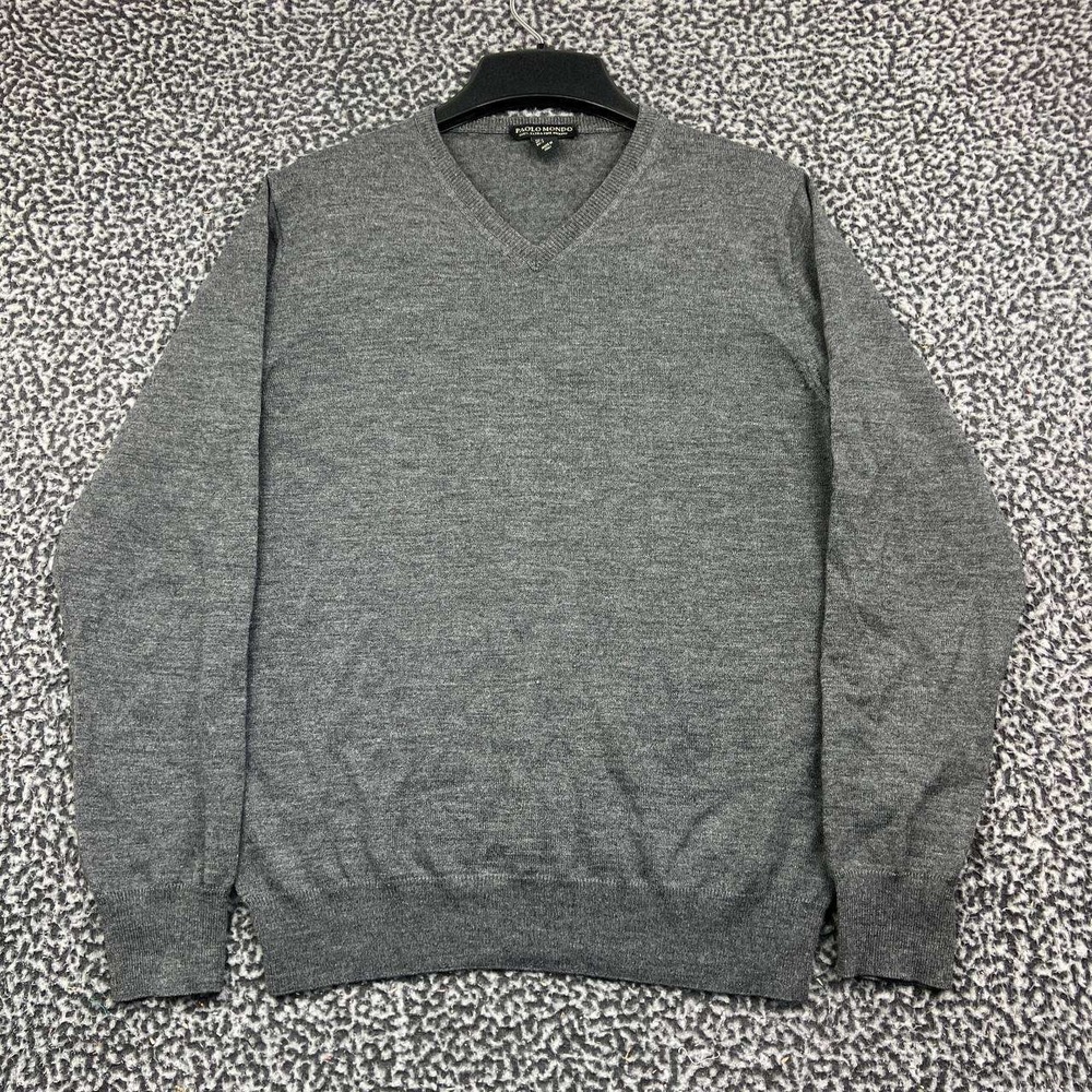 Paolo Mondo Sweater Men Small Gray V-Neck 100% Extra Fine Merino Virgin Wool S
